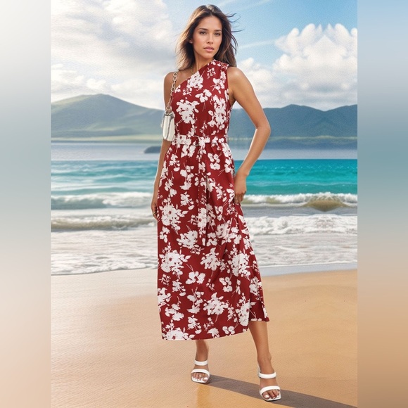 One Shoulder Maxi Dress in Red Floral - Picture 3 of 4